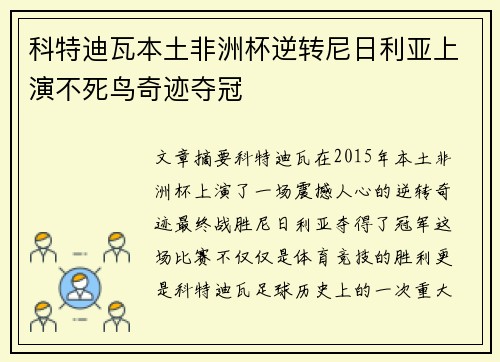 科特迪瓦本土非洲杯逆转尼日利亚上演不死鸟奇迹夺冠